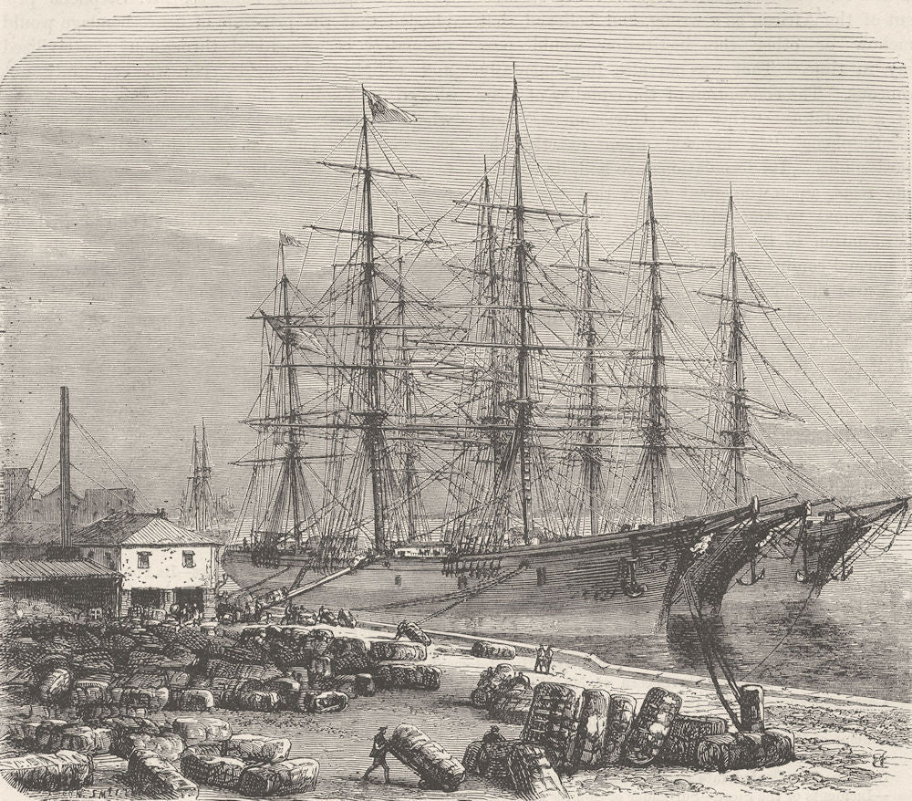 GEORGIA, US. Civil War. Boarding cotton, Savannah c1880 old antique print